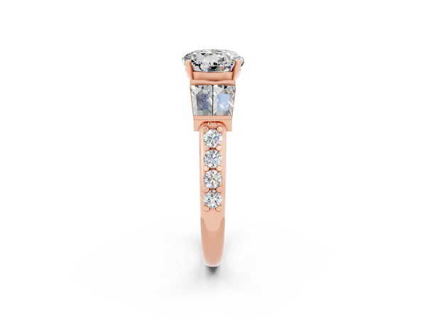 Rose gold Round Cut Moissanite Engagement Ring with Baguette Side Stones and Channel Set Band