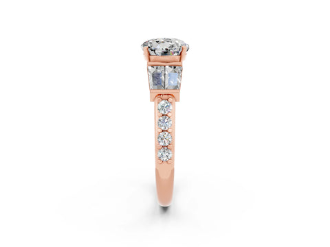 Rose gold Round Cut Moissanite Engagement Ring with Baguette Side Stones and Channel Set Band_2