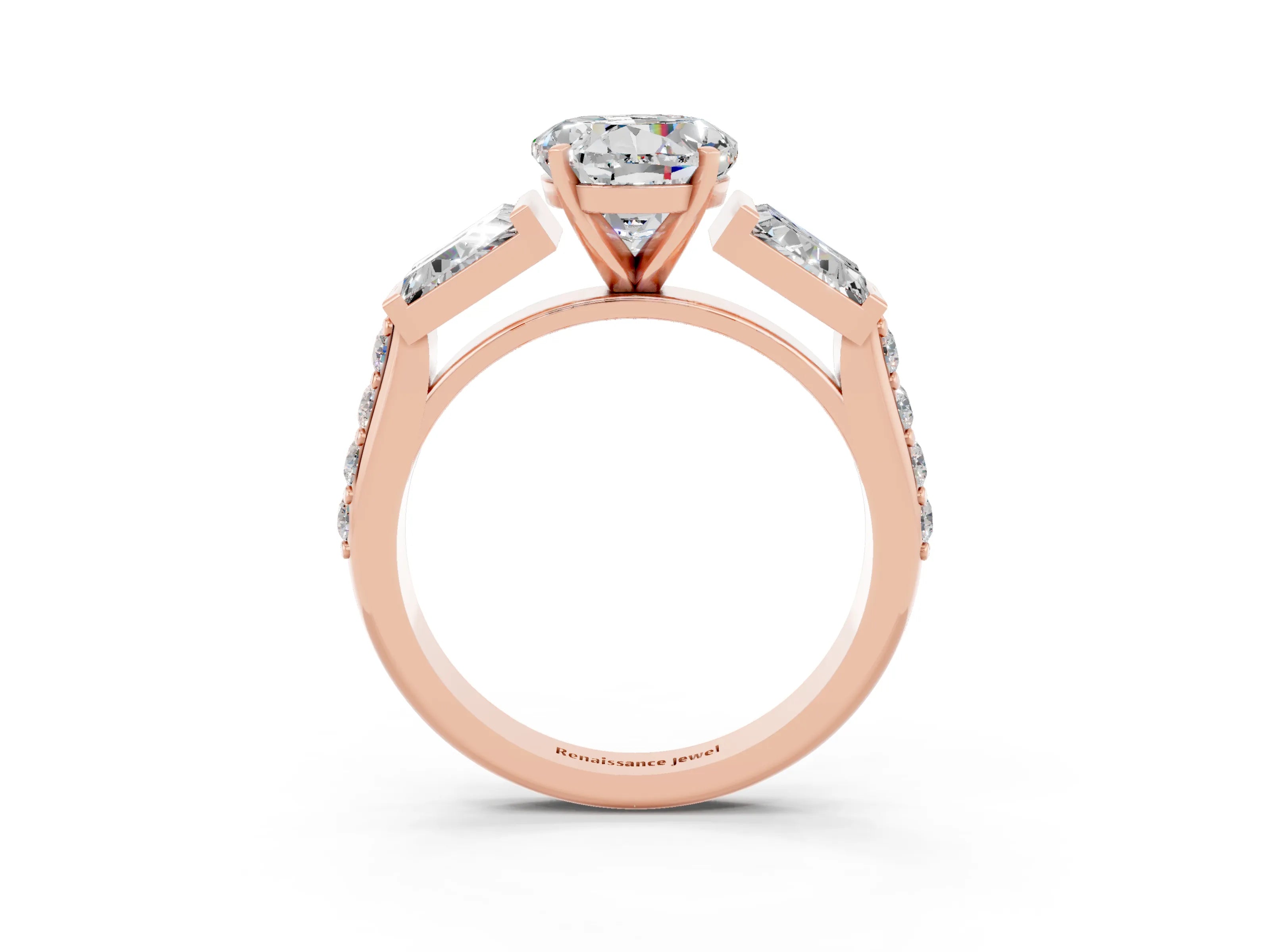 Rose gold Round Cut Moissanite Engagement Ring with Baguette Side Stones and Channel Set Band_3