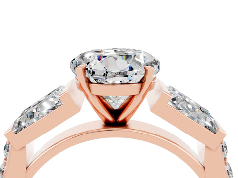 Rose gold Round Cut Moissanite Engagement Ring with Baguette Side Stones and Channel Set Band_4