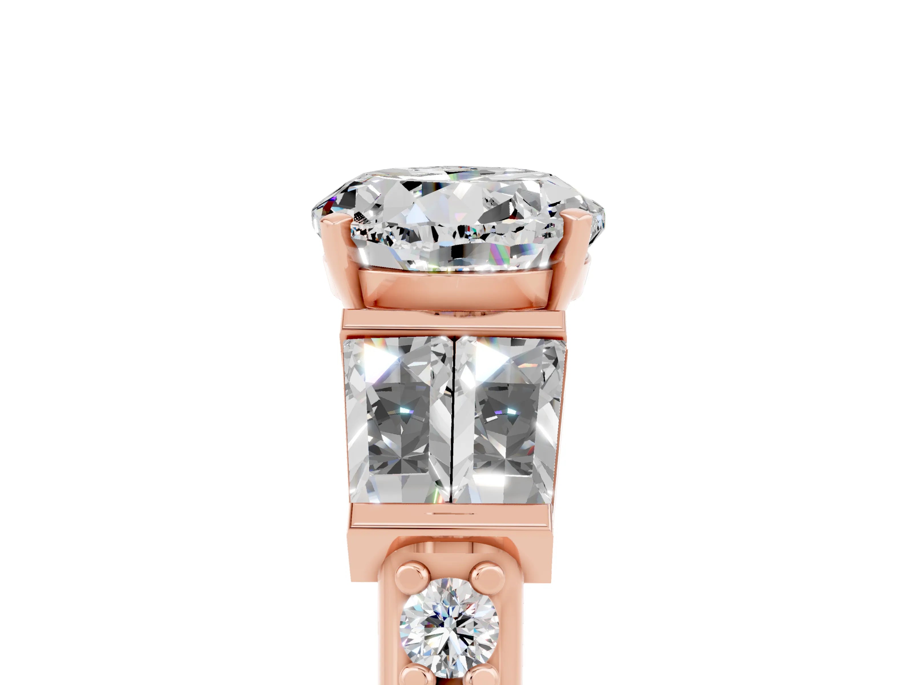 Rose gold Round Cut Moissanite Engagement Ring with Baguette Side Stones and Channel Set Band_5