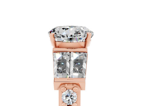 Rose gold Round Cut Moissanite Engagement Ring with Baguette Side Stones and Channel Set Band_5