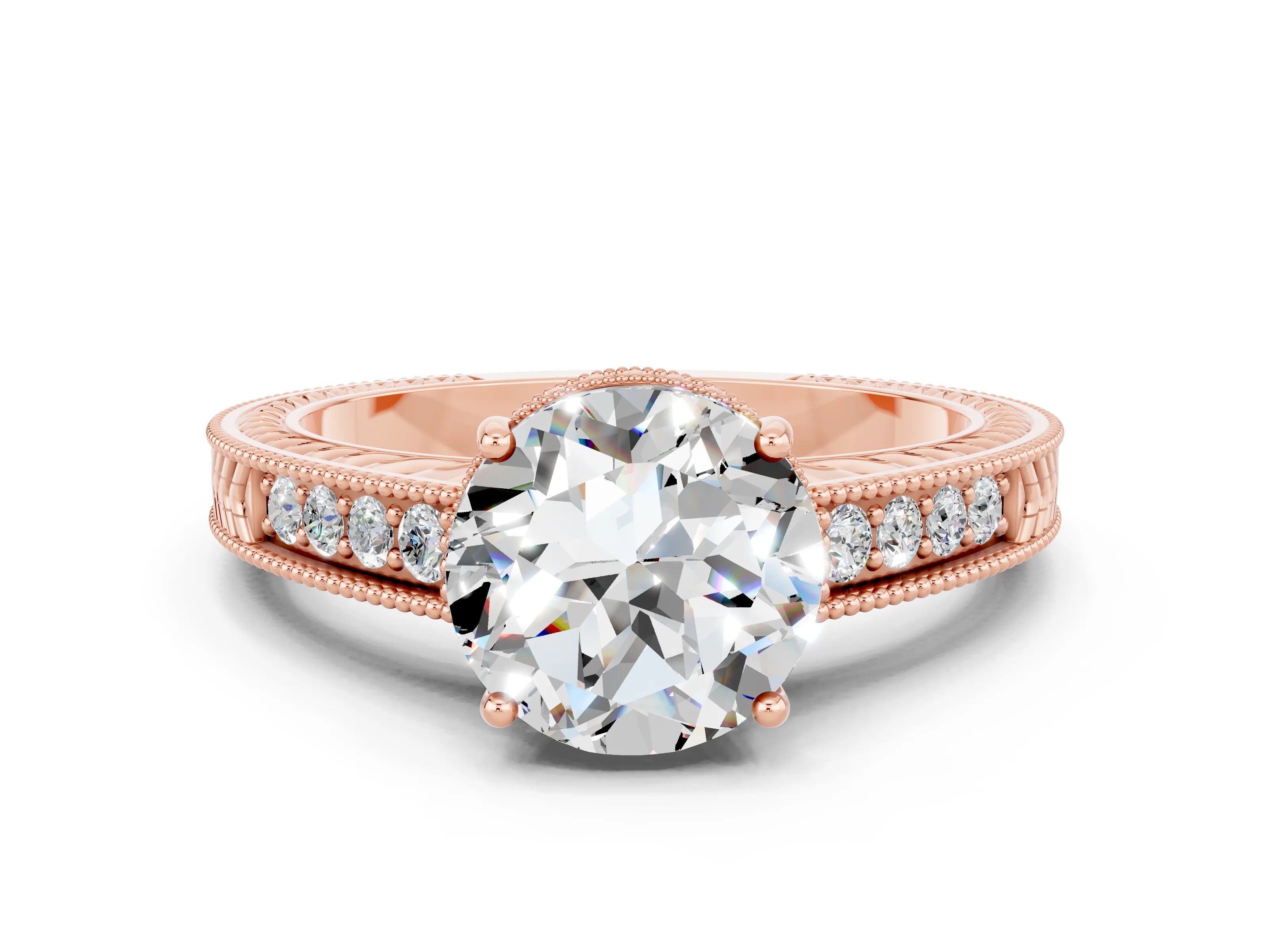 Rose gold Round Cut Moissanite Engagement Ring with Milgrain Channel Set Band and Prong Setting