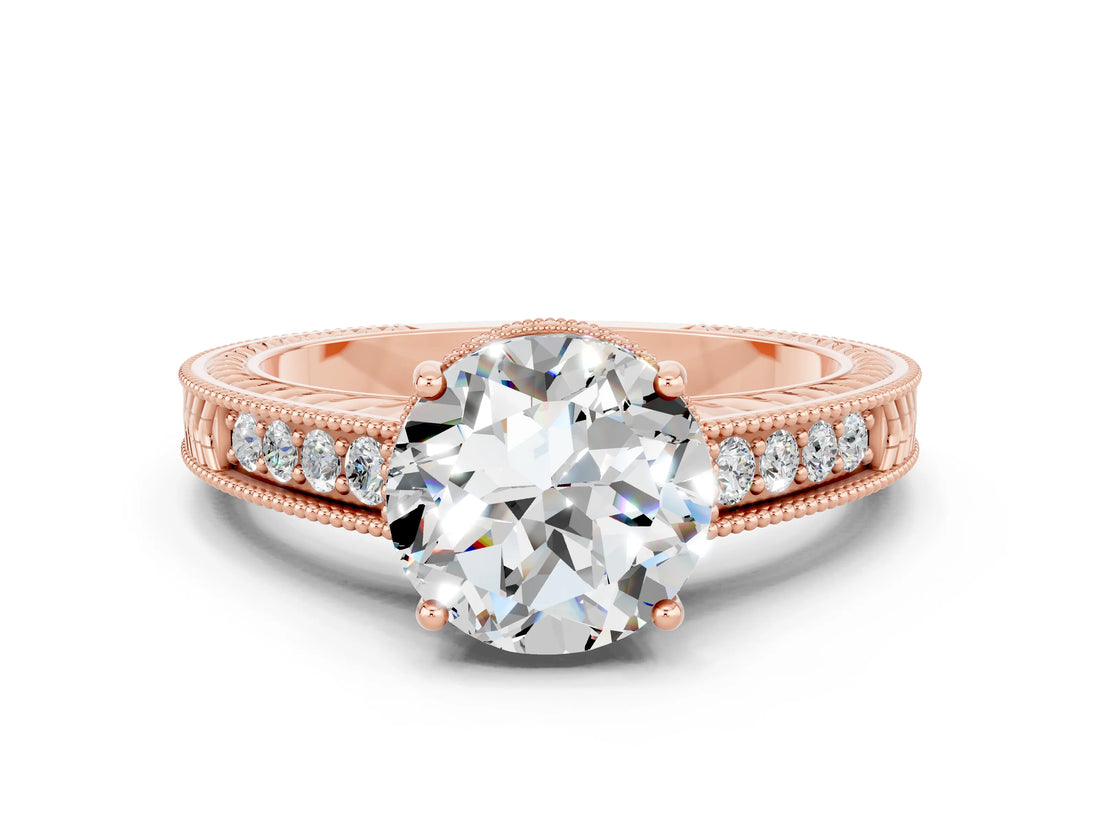Rose gold Round Cut Moissanite Engagement Ring with Milgrain Channel Set Band and Prong Setting