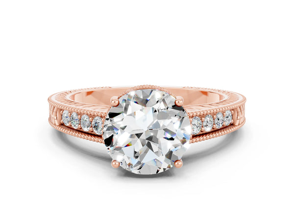 Rose gold Round Cut Moissanite Engagement Ring with Milgrain Channel Set Band and Prong Setting