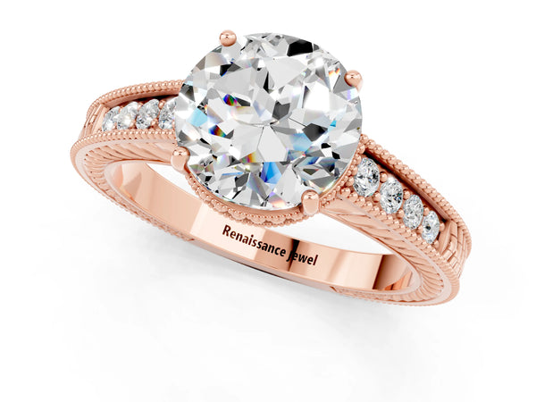 Rose gold Round Cut Moissanite Engagement Ring with Milgrain Channel Set Band and Prong Setting