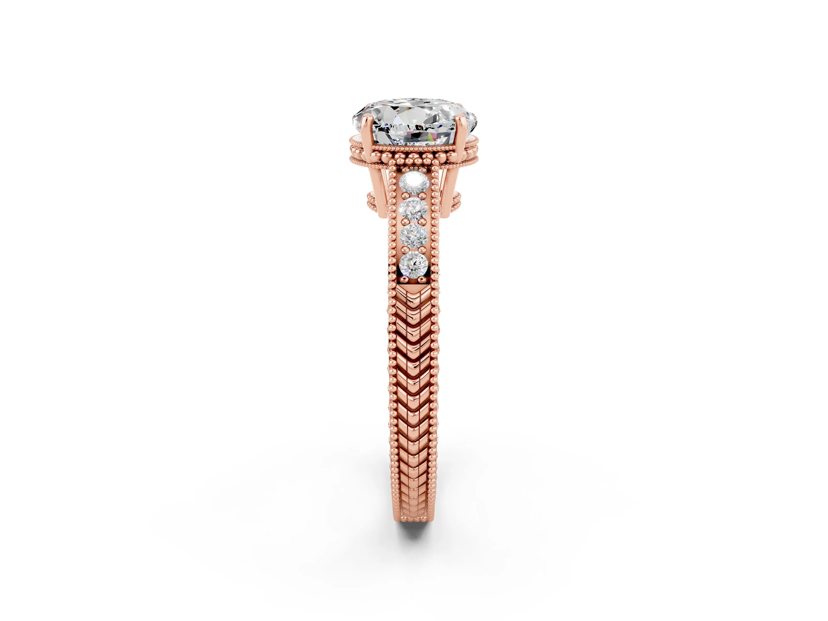 Rose gold Round Cut Moissanite Engagement Ring with Milgrain Channel Set Band and Prong Setting_2