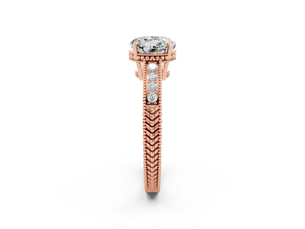 Rose gold Round Cut Moissanite Engagement Ring with Milgrain Channel Set Band and Prong Setting