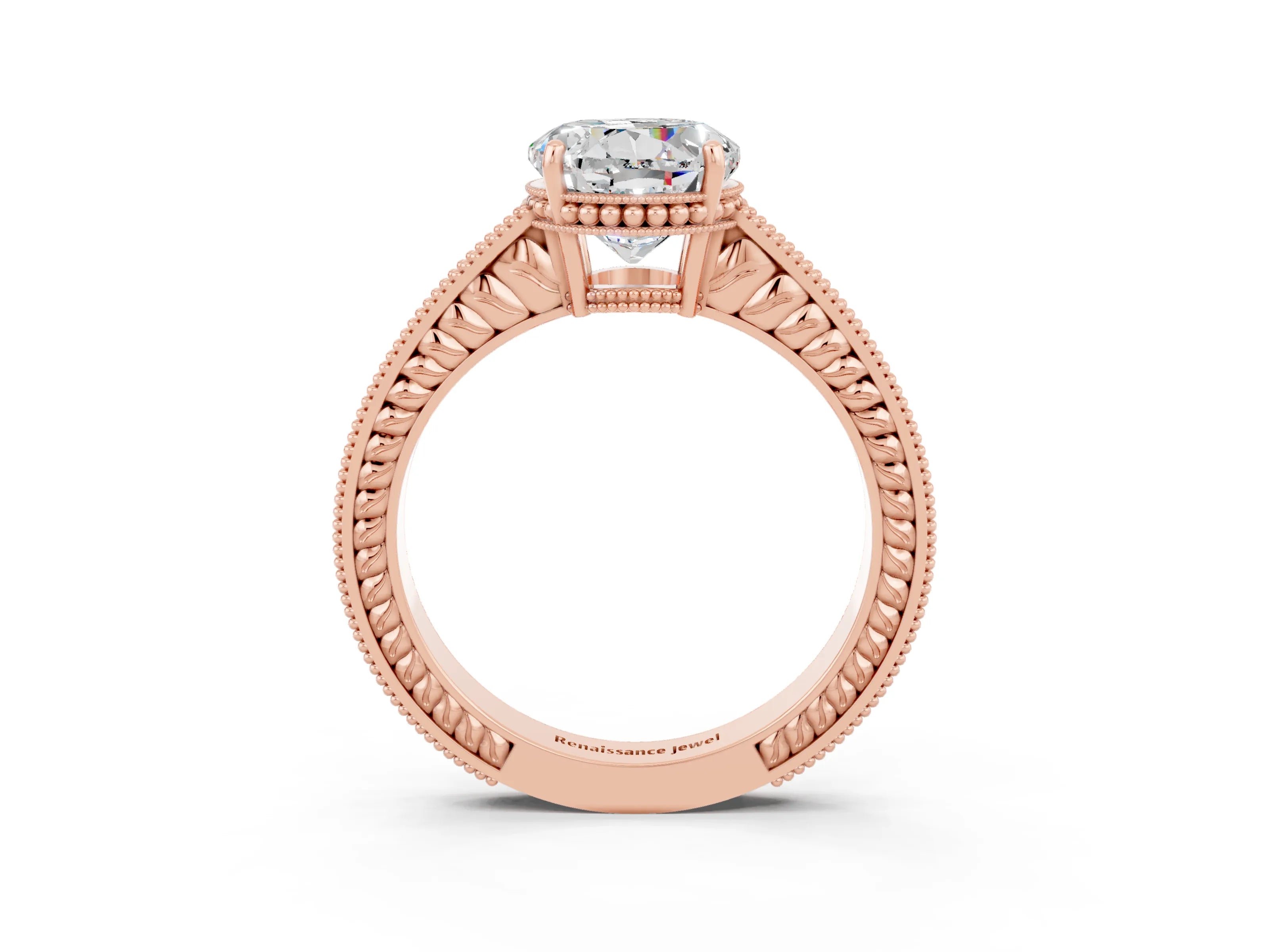 Rose gold Round Cut Moissanite Engagement Ring with Milgrain Channel Set Band and Prong Setting_3