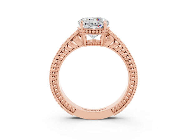 Rose gold Round Cut Moissanite Engagement Ring with Milgrain Channel Set Band and Prong Setting