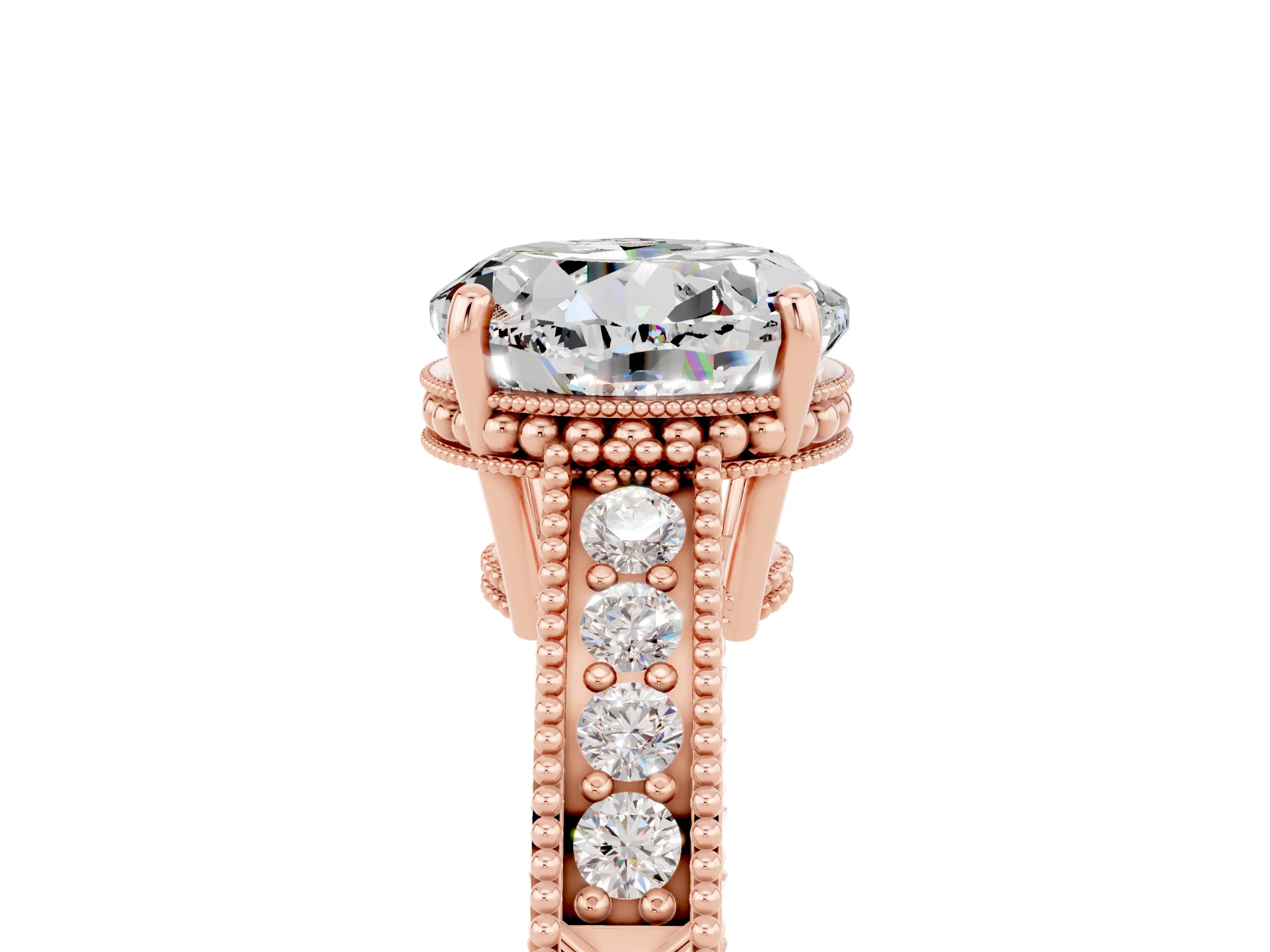 Rose gold Round Cut Moissanite Engagement Ring with Milgrain Channel Set Band and Prong Setting_5