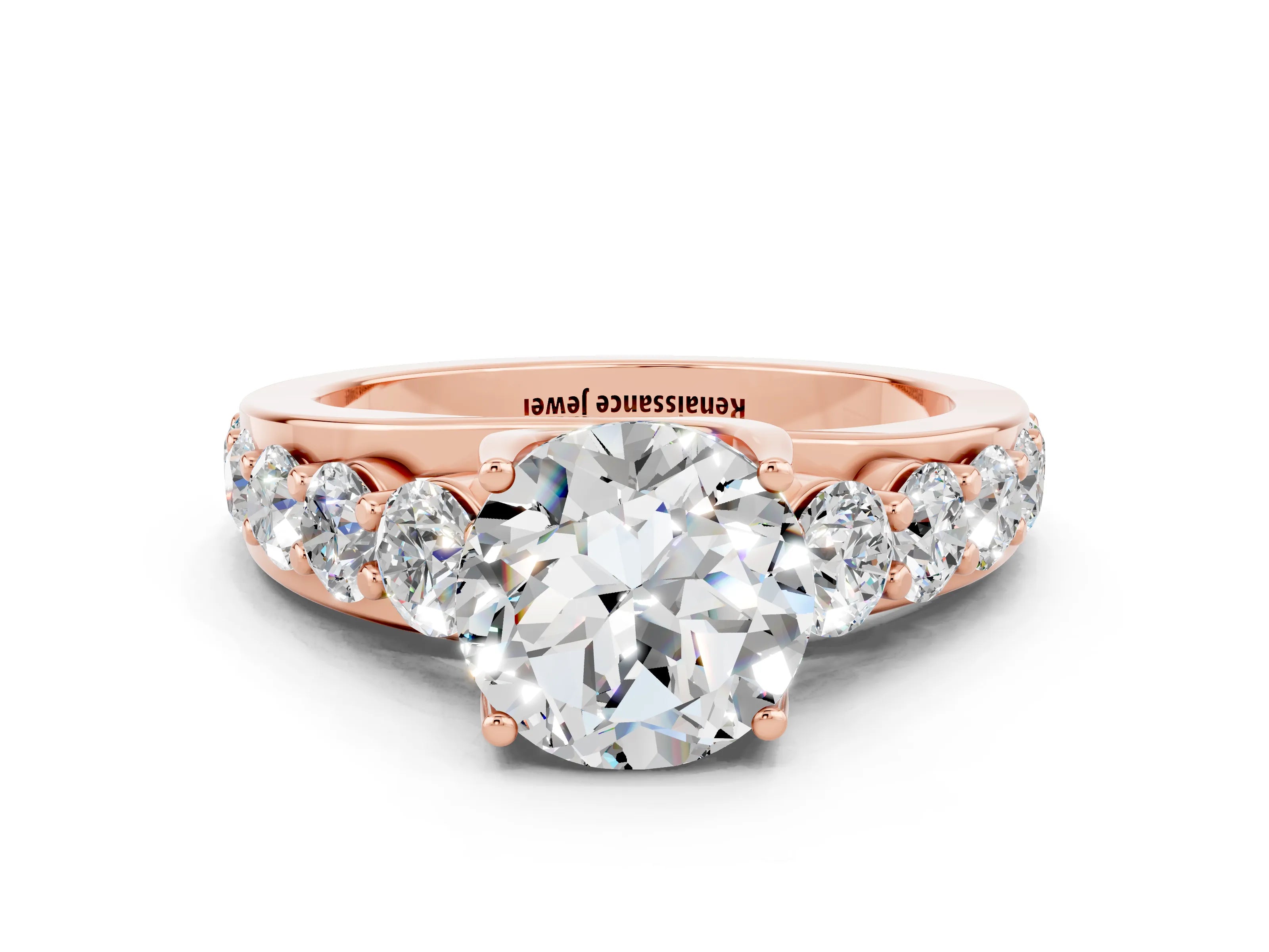 Rose gold Round Cut Moissanite Engagement Ring with Pavé Band and Four-Prong Setting