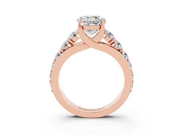 Rose gold Round Cut Moissanite Engagement Ring with Pavé Band and Four-Prong Setting