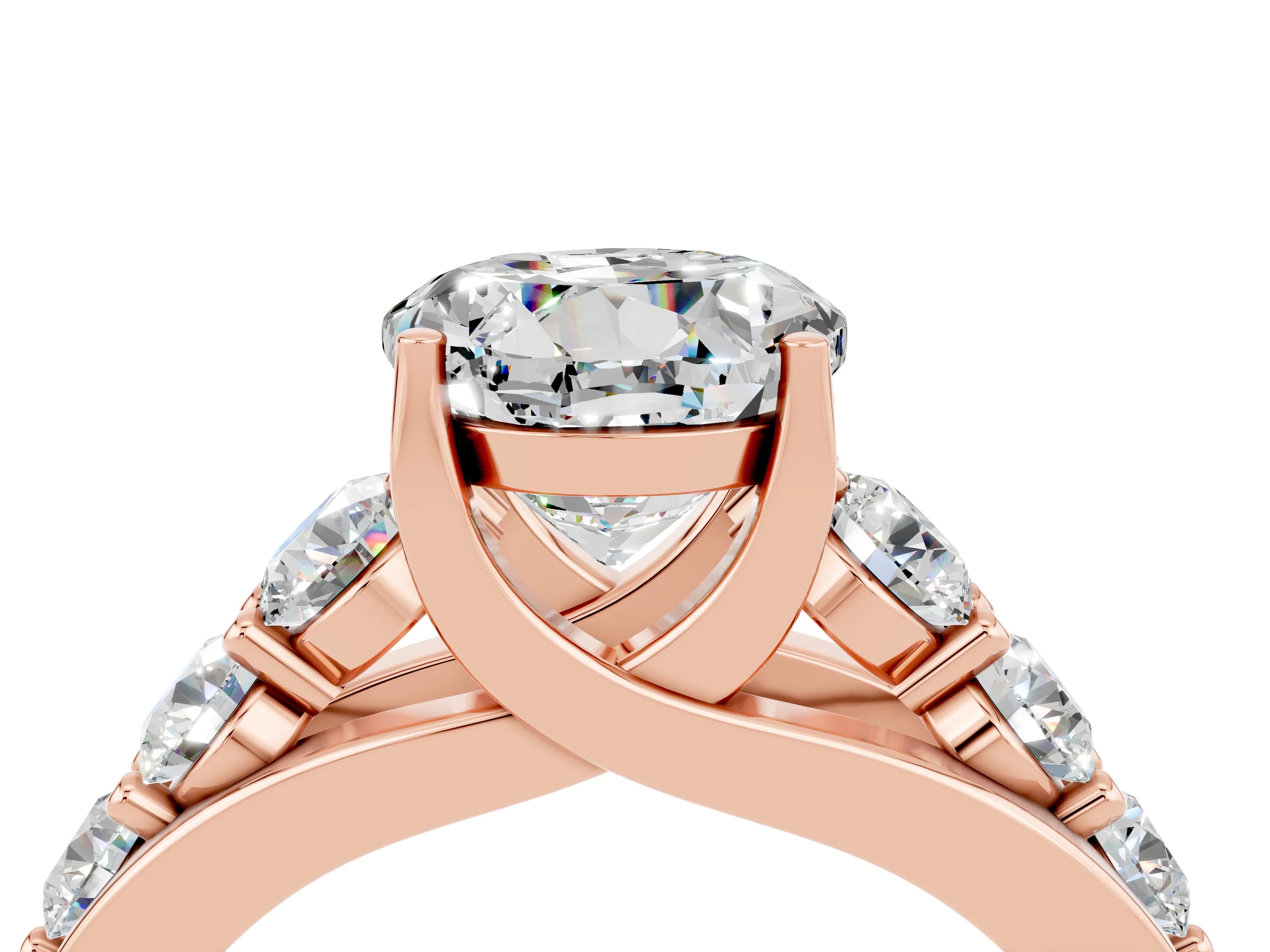 Rose gold Round Cut Moissanite Engagement Ring with Pavé Band and Four-Prong Setting_4