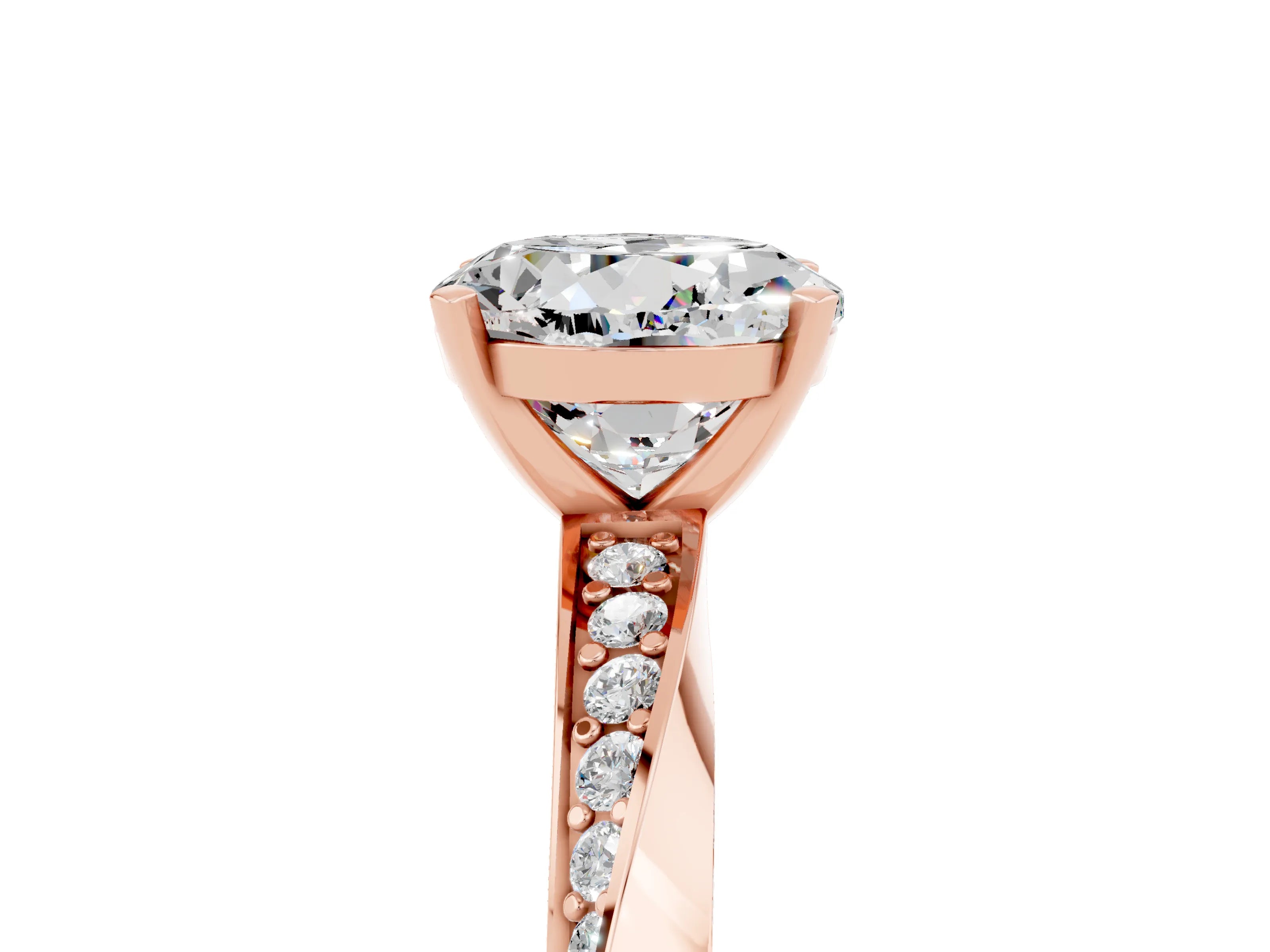 Rose gold Round Cut Moissanite Engagement Ring with Side Stone Accents and Four-Prong Setting_32