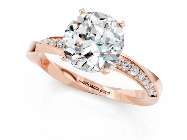 Rose gold Round Cut Moissanite Engagement Ring with Side Stone Accents and Four-Prong Setting