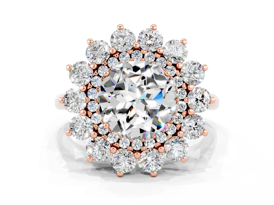Rose gold Round Cut Moissanite Floral Double Halo Engagement Ring with Prong Setting_60