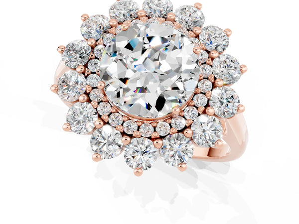 Rose gold Round Cut Moissanite Floral Double Halo Engagement Ring with Prong Setting