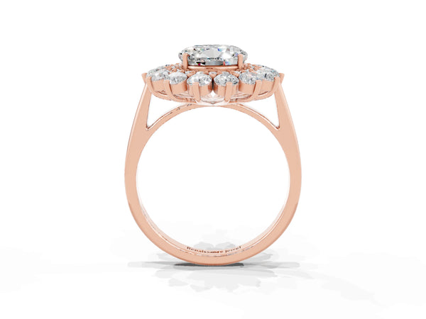 Rose gold Round Cut Moissanite Floral Double Halo Engagement Ring with Prong Setting