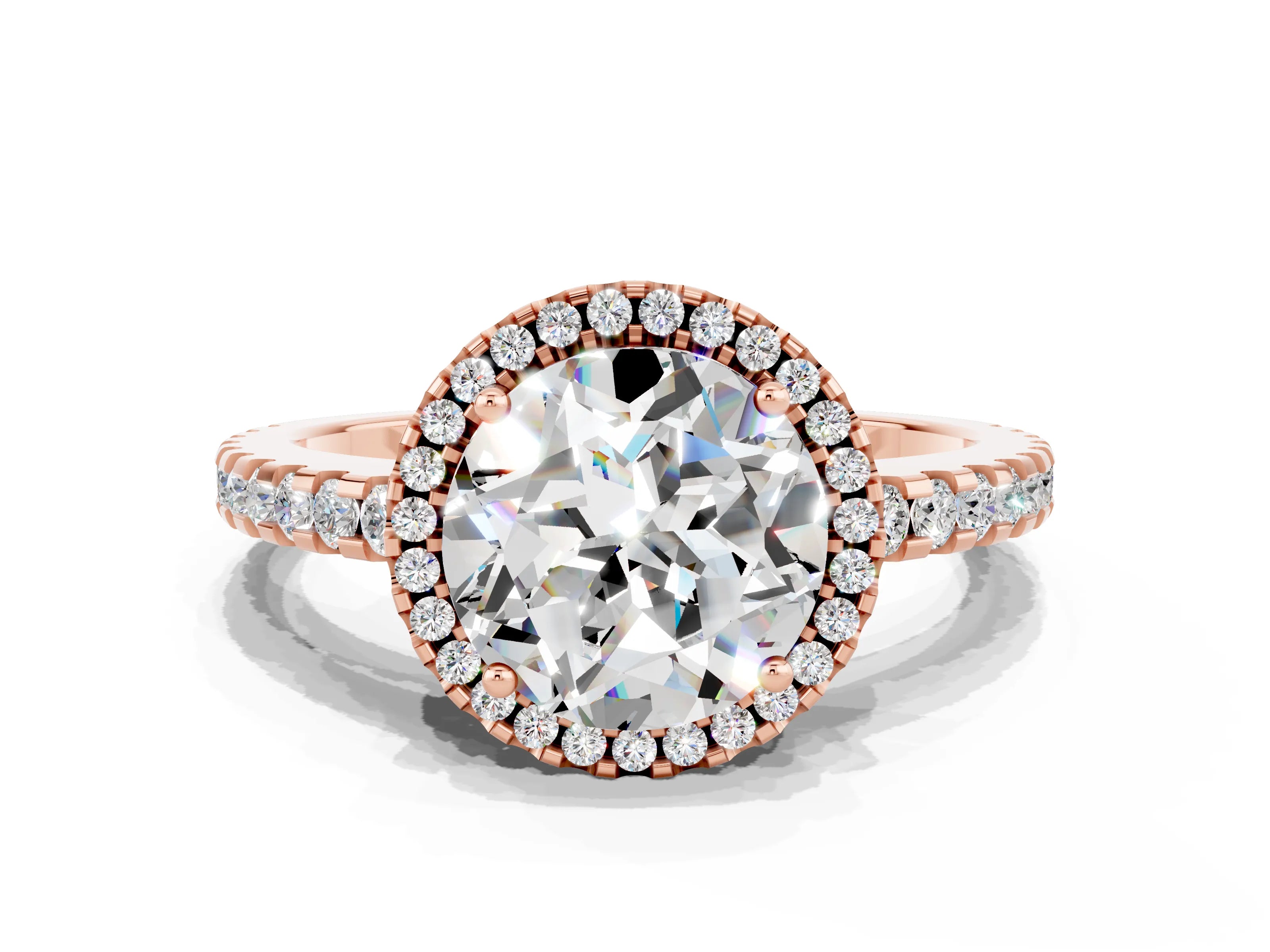 Rose gold Round Cut Moissanite Halo Engagement Ring with Pavé Band and Prong Setting_12