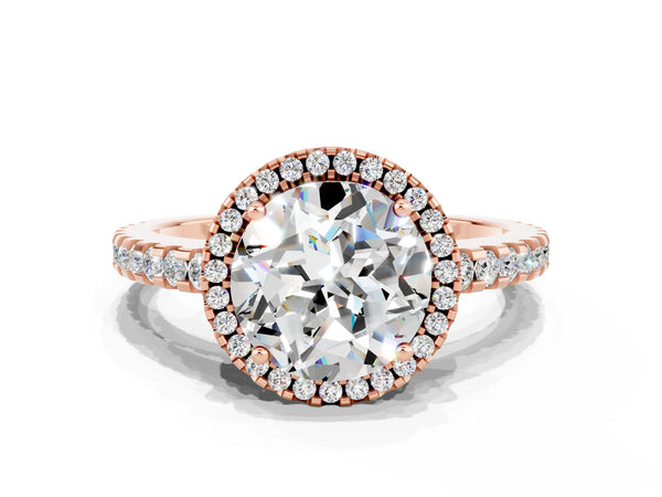 Rose gold Round Cut Moissanite Halo Engagement Ring with Pavé Band and Prong Setting