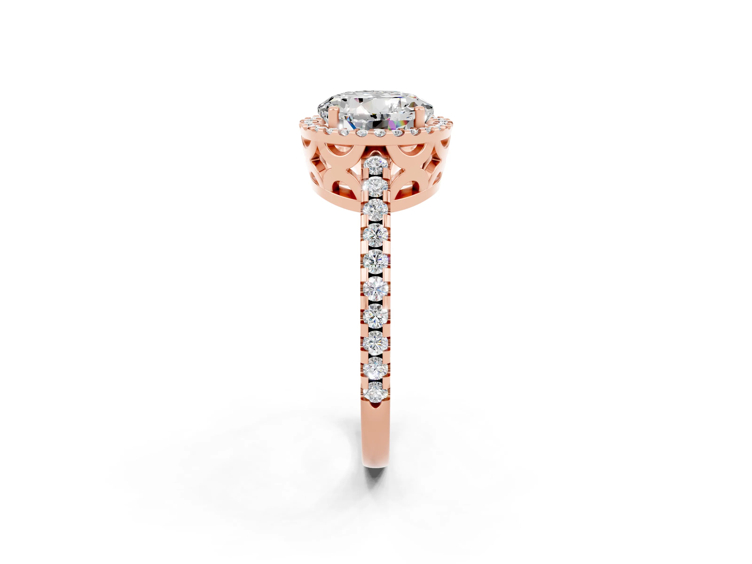Rose gold Round Cut Moissanite Halo Engagement Ring with Pavé Band and Prong Setting_14
