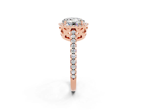 Rose gold Round Cut Moissanite Halo Engagement Ring with Pavé Band and Prong Setting