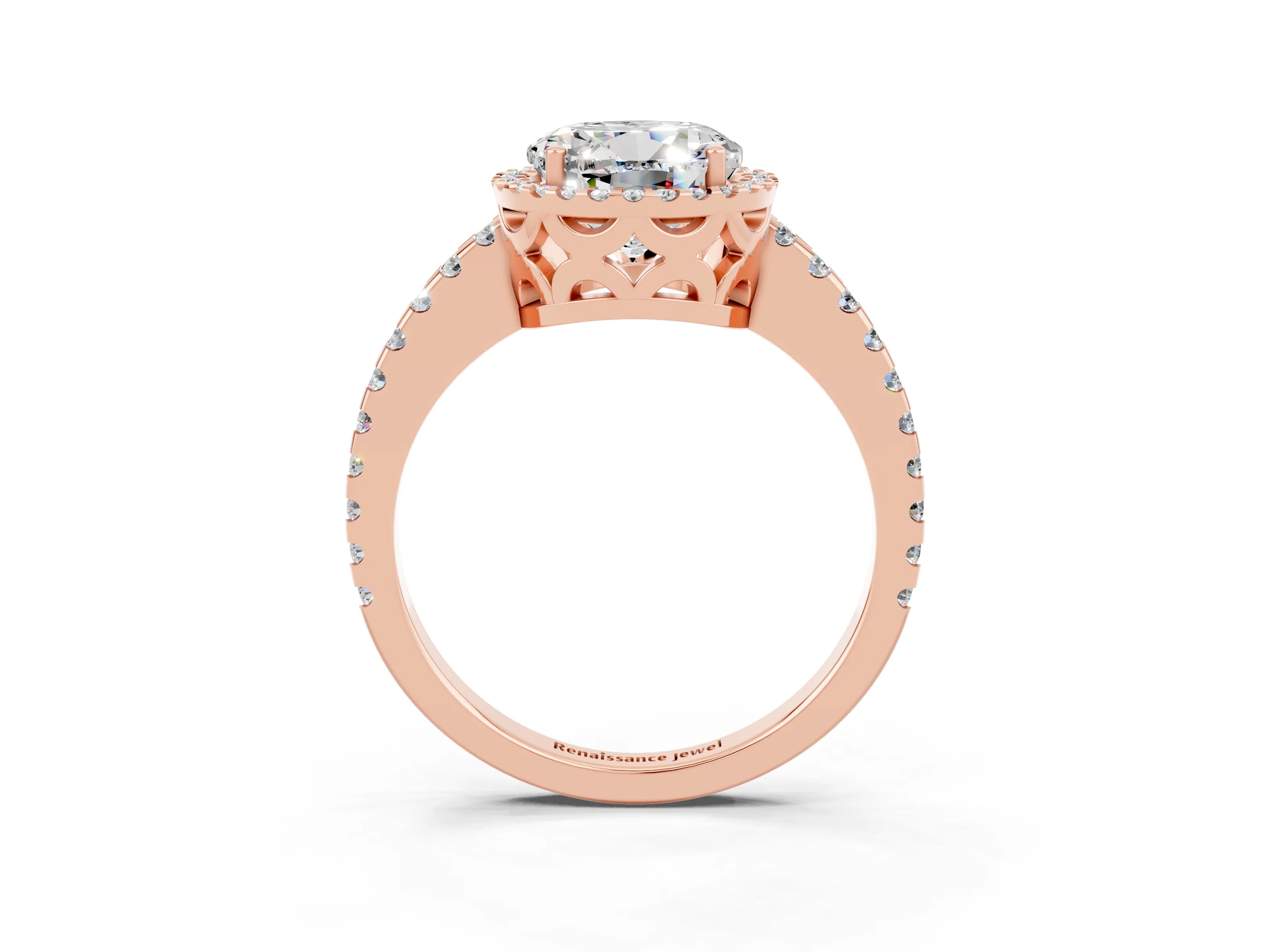 Rose gold Round Cut Moissanite Halo Engagement Ring with Pavé Band and Prong Setting_15