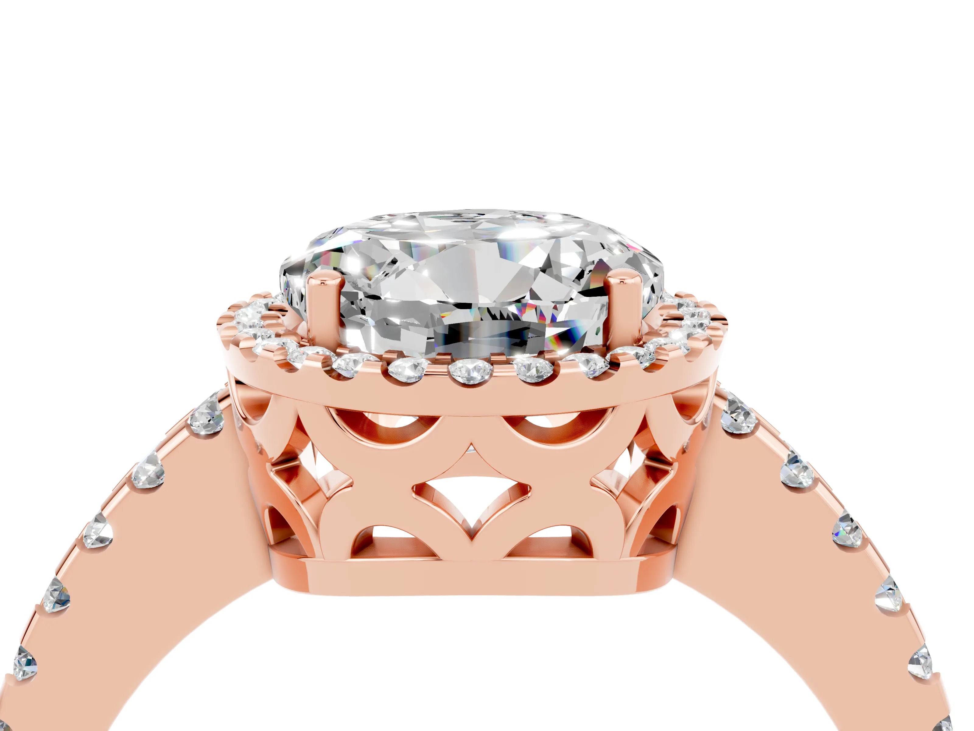 Rose gold Round Cut Moissanite Halo Engagement Ring with Pavé Band and Prong Setting_16