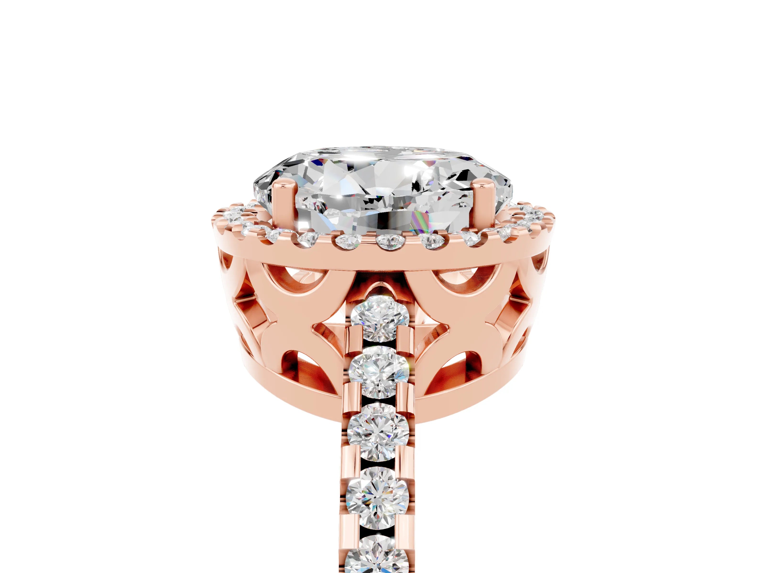Rose gold Round Cut Moissanite Halo Engagement Ring with Pavé Band and Prong Setting_17