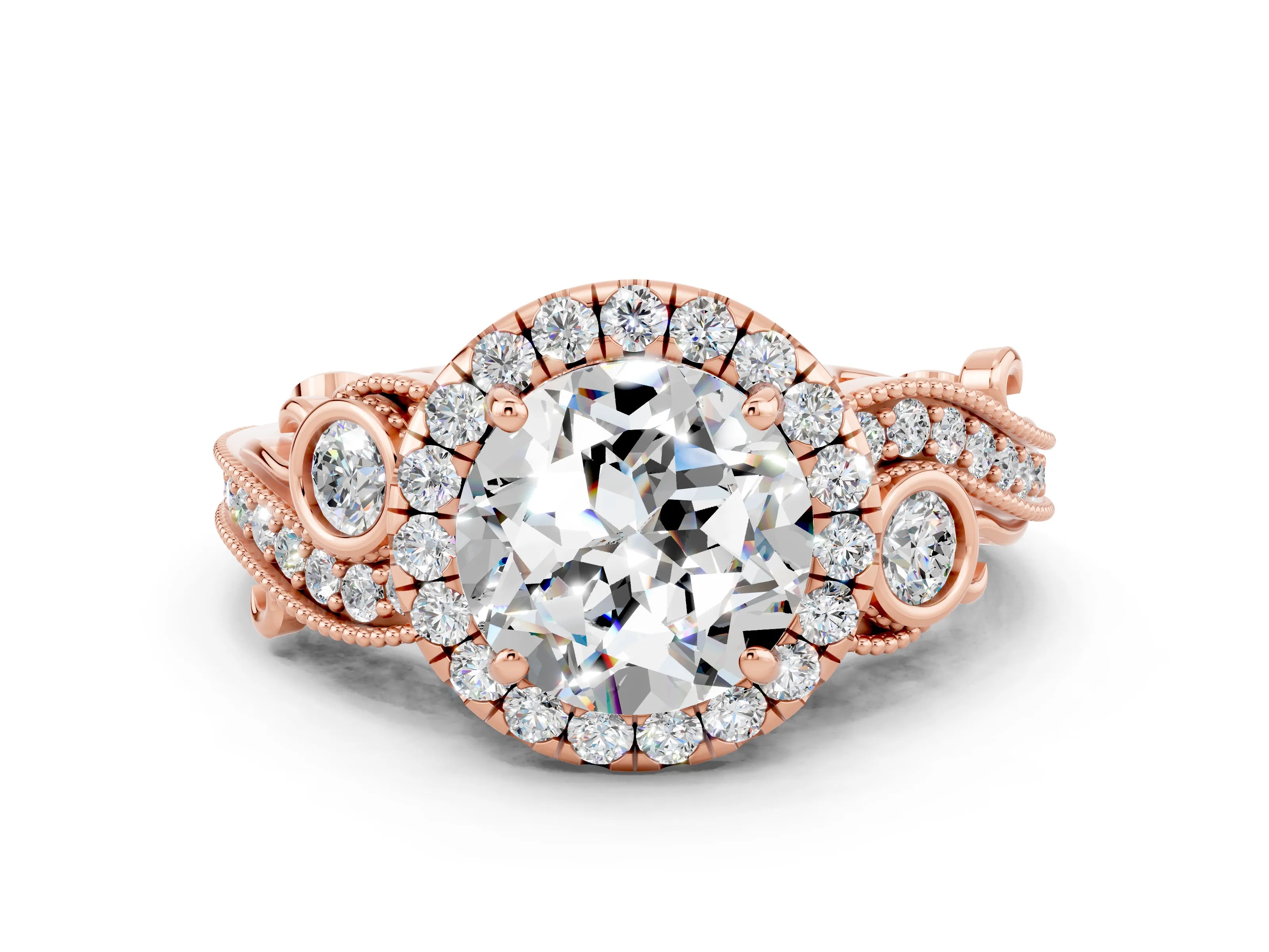 Rose gold Round Cut Moissanite Halo Ring with Milgrain Pavé Band and Four-Prong Setting_12