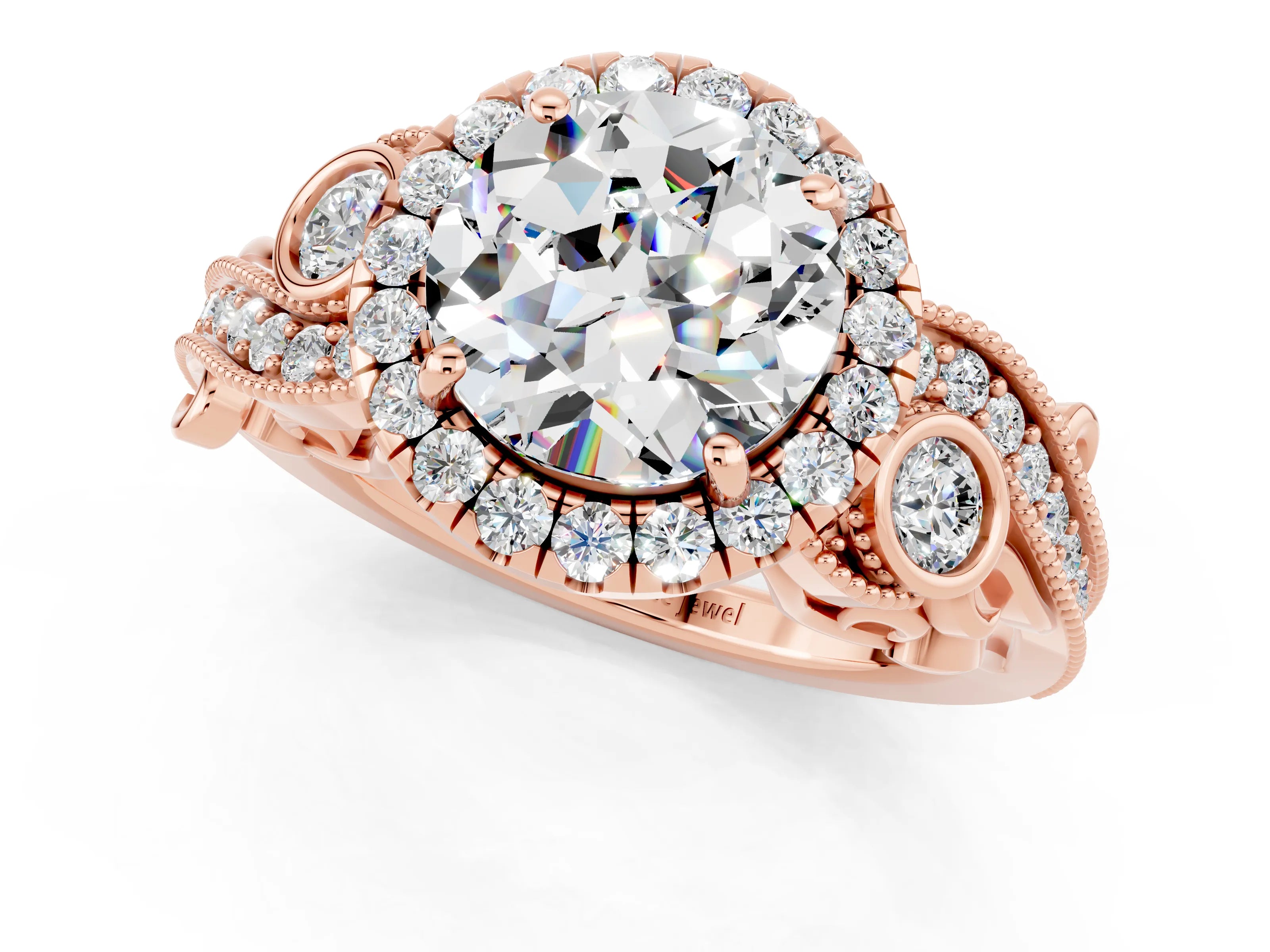 Rose gold Round Cut Moissanite Halo Ring with Milgrain Pavé Band and Four-Prong Setting_13