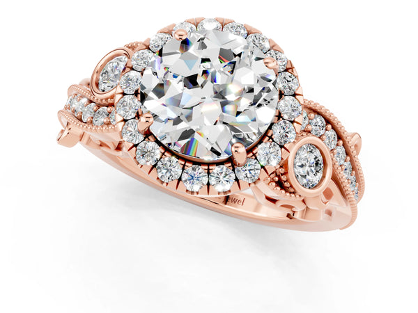 Rose gold Round Cut Moissanite Halo Ring with Milgrain Pavé Band and Four-Prong Setting