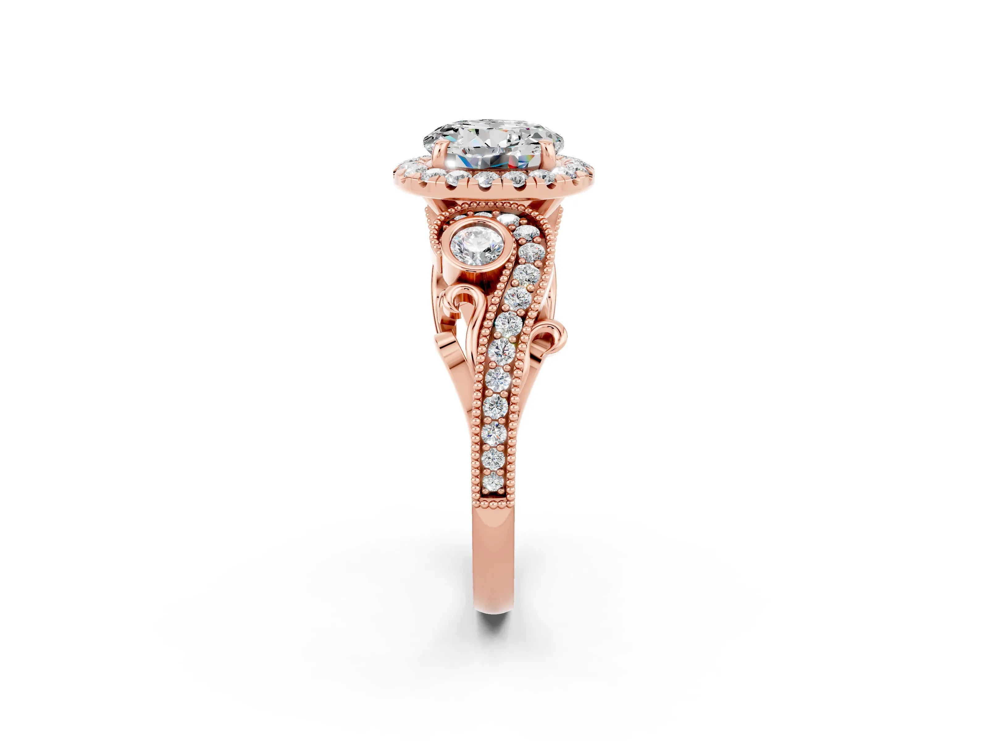 Rose gold Round Cut Moissanite Halo Ring with Milgrain Pavé Band and Four-Prong Setting_14