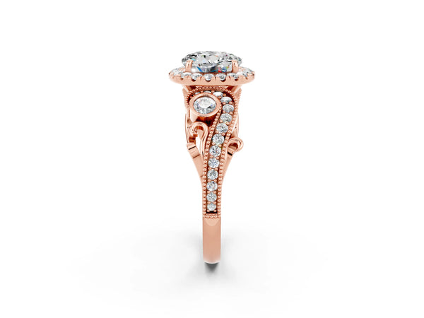 Rose gold Round Cut Moissanite Halo Ring with Milgrain Pavé Band and Four-Prong Setting
