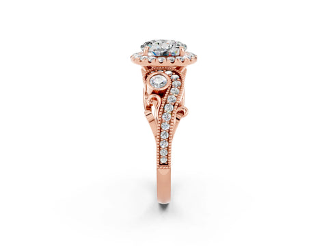 Rose gold Round Cut Moissanite Halo Ring with Milgrain Pavé Band and Four-Prong Setting_14