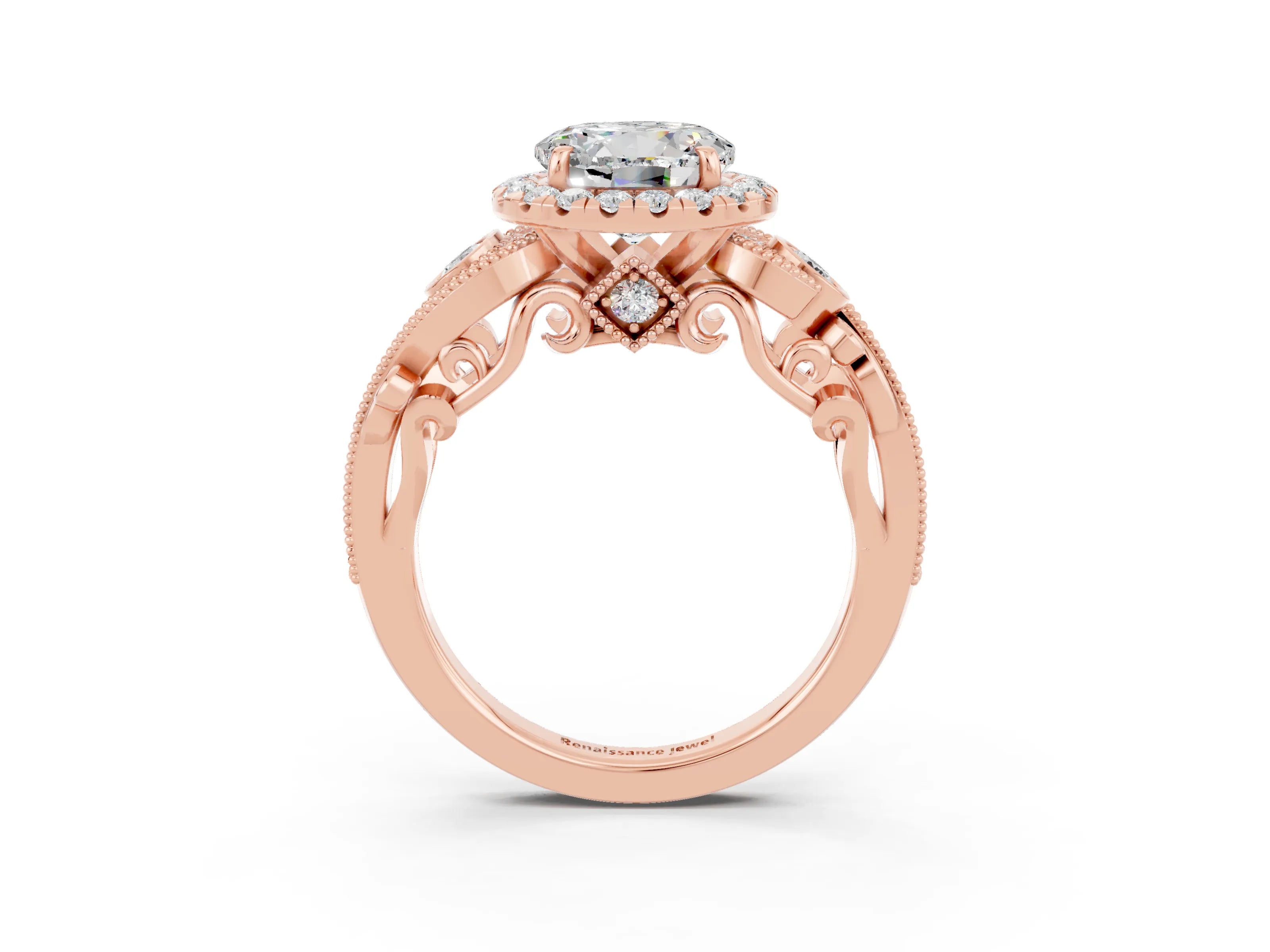 Rose gold Round Cut Moissanite Halo Ring with Milgrain Pavé Band and Four-Prong Setting_15