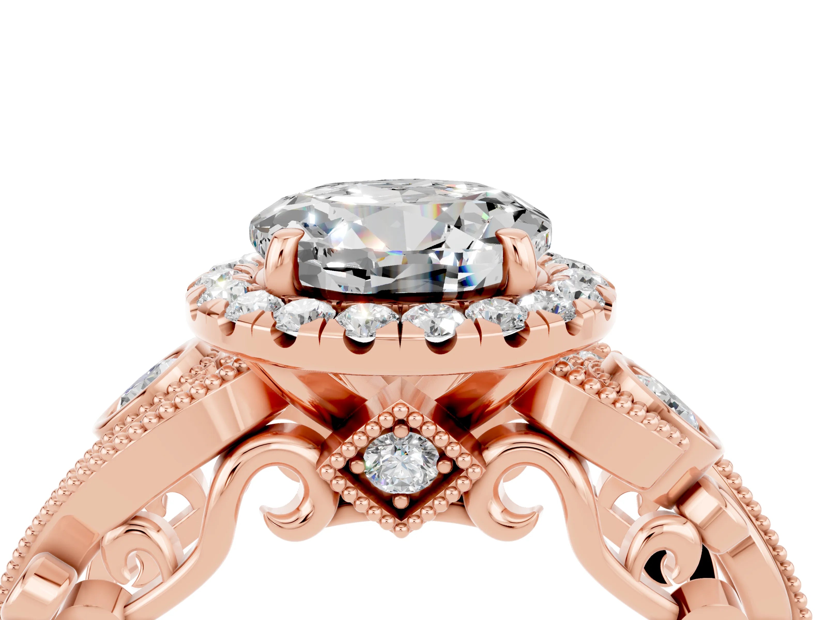 Rose gold Round Cut Moissanite Halo Ring with Milgrain Pavé Band and Four-Prong Setting_16