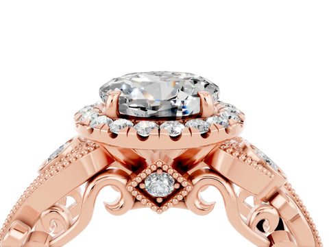 Rose gold Round Cut Moissanite Halo Ring with Milgrain Pavé Band and Four-Prong Setting_16