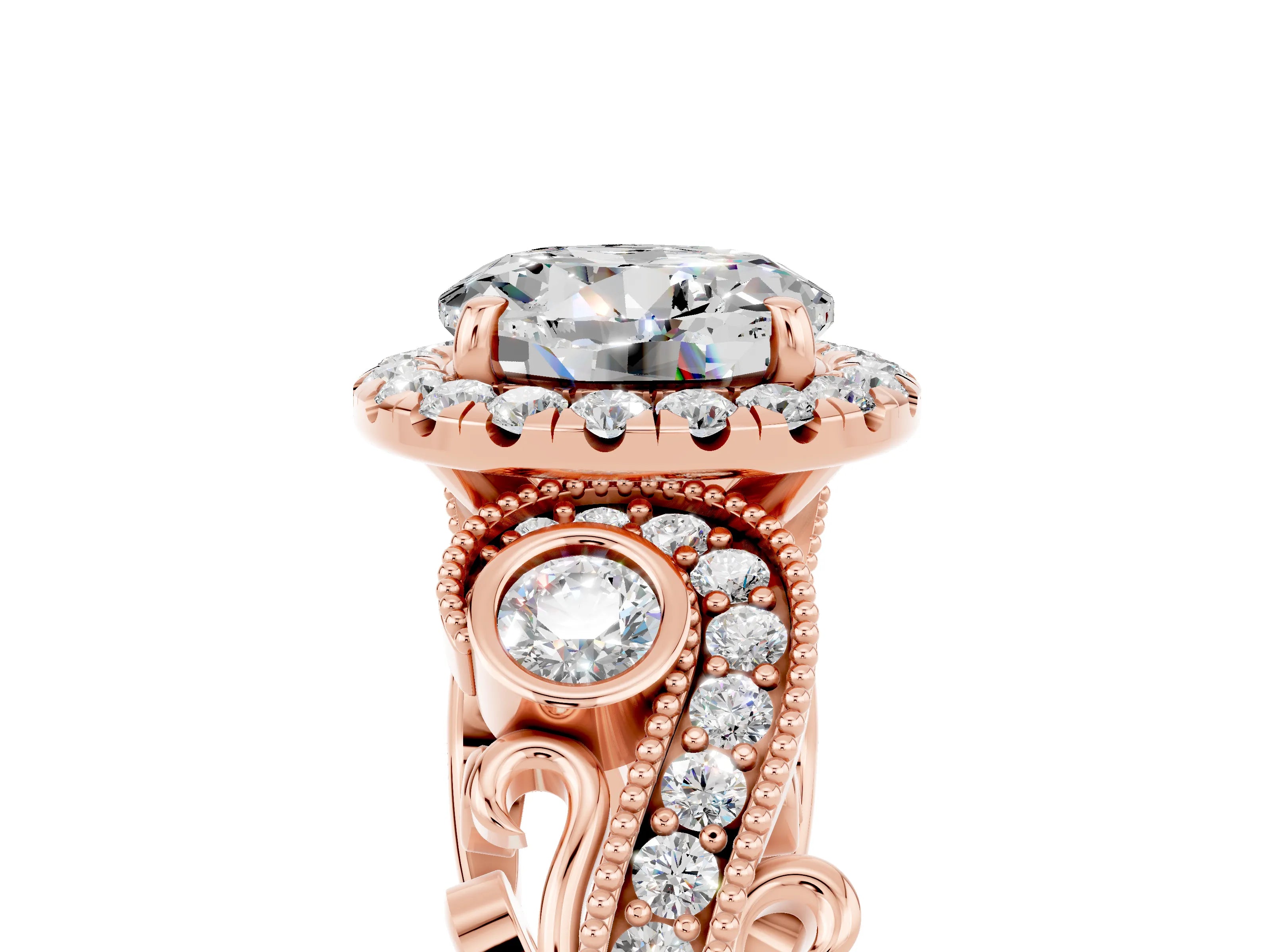 Rose gold Round Cut Moissanite Halo Ring with Milgrain Pavé Band and Four-Prong Setting_17