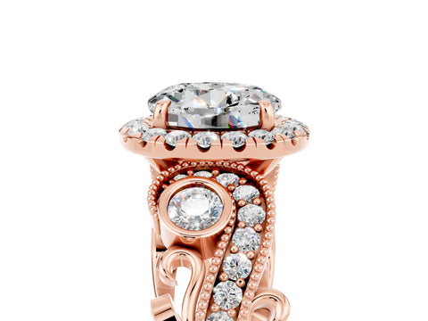 Rose gold Round Cut Moissanite Halo Ring with Milgrain Pavé Band and Four-Prong Setting_17