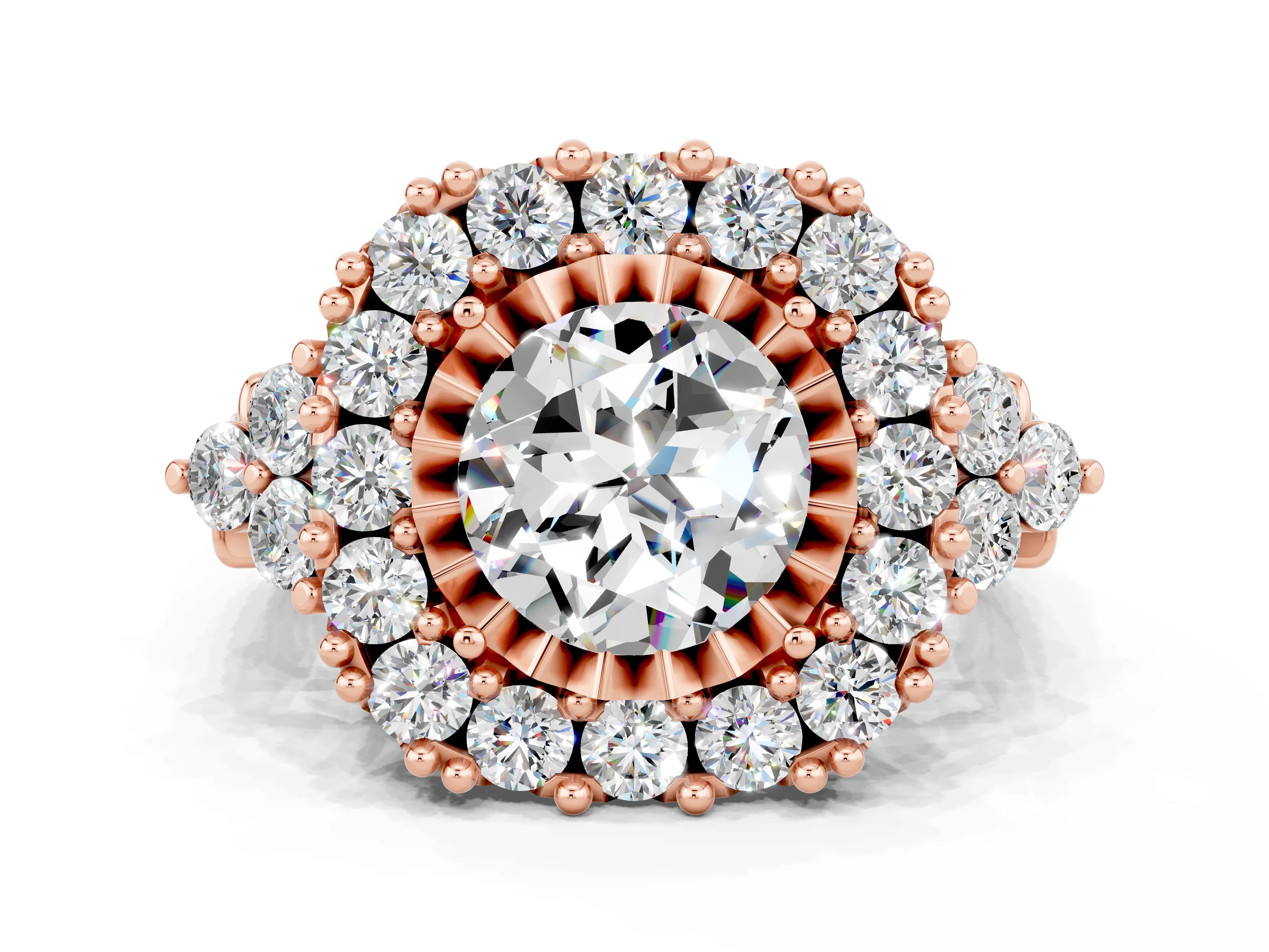 Rose gold Round Cut Moissanite Halo Ring with Pavé Band and Four-Prong Setting_12