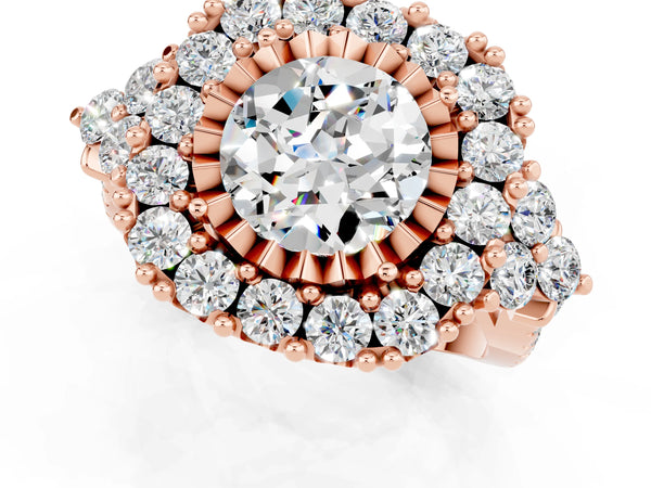 Rose gold Round Cut Moissanite Halo Ring with Pavé Band and Four-Prong Setting
