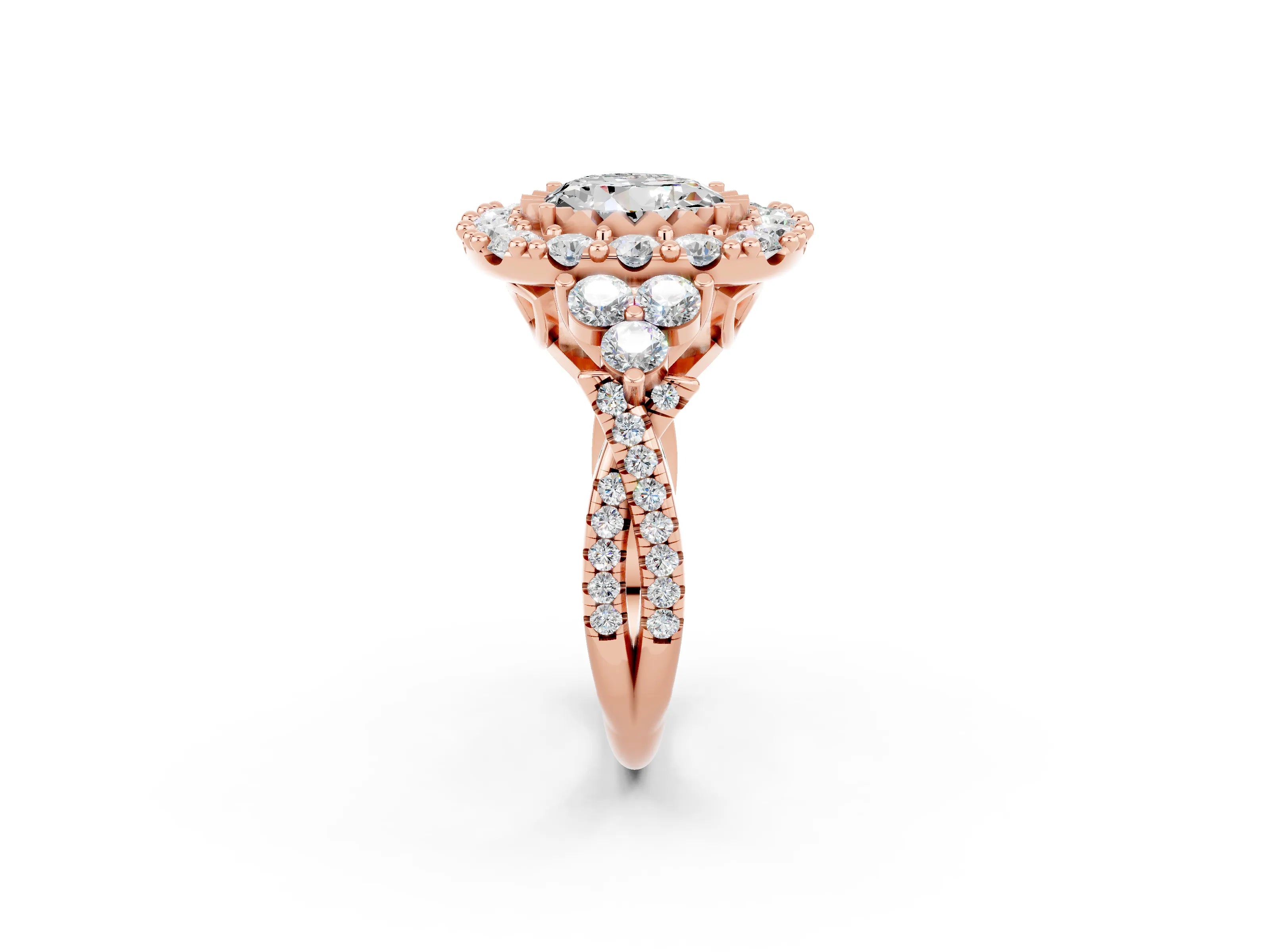 Rose gold Round Cut Moissanite Halo Ring with Pavé Band and Four-Prong Setting_14
