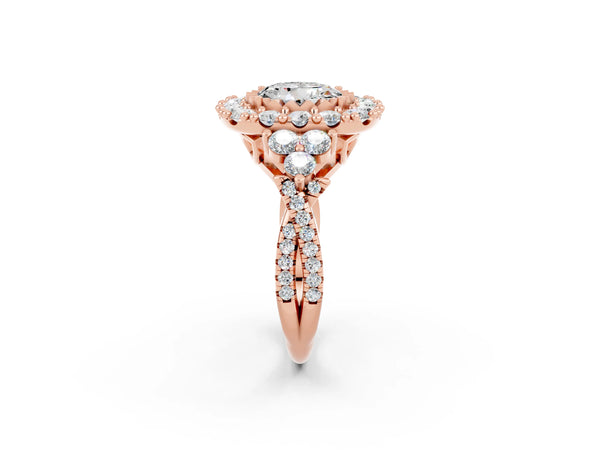Rose gold Round Cut Moissanite Halo Ring with Pavé Band and Four-Prong Setting