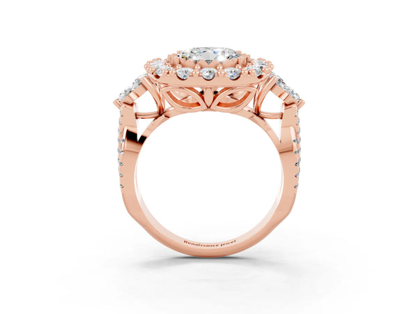 Rose gold Round Cut Moissanite Halo Ring with Pavé Band and Four-Prong Setting