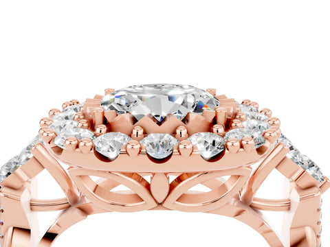 Rose gold Round Cut Moissanite Halo Ring with Pavé Band and Four-Prong Setting_16