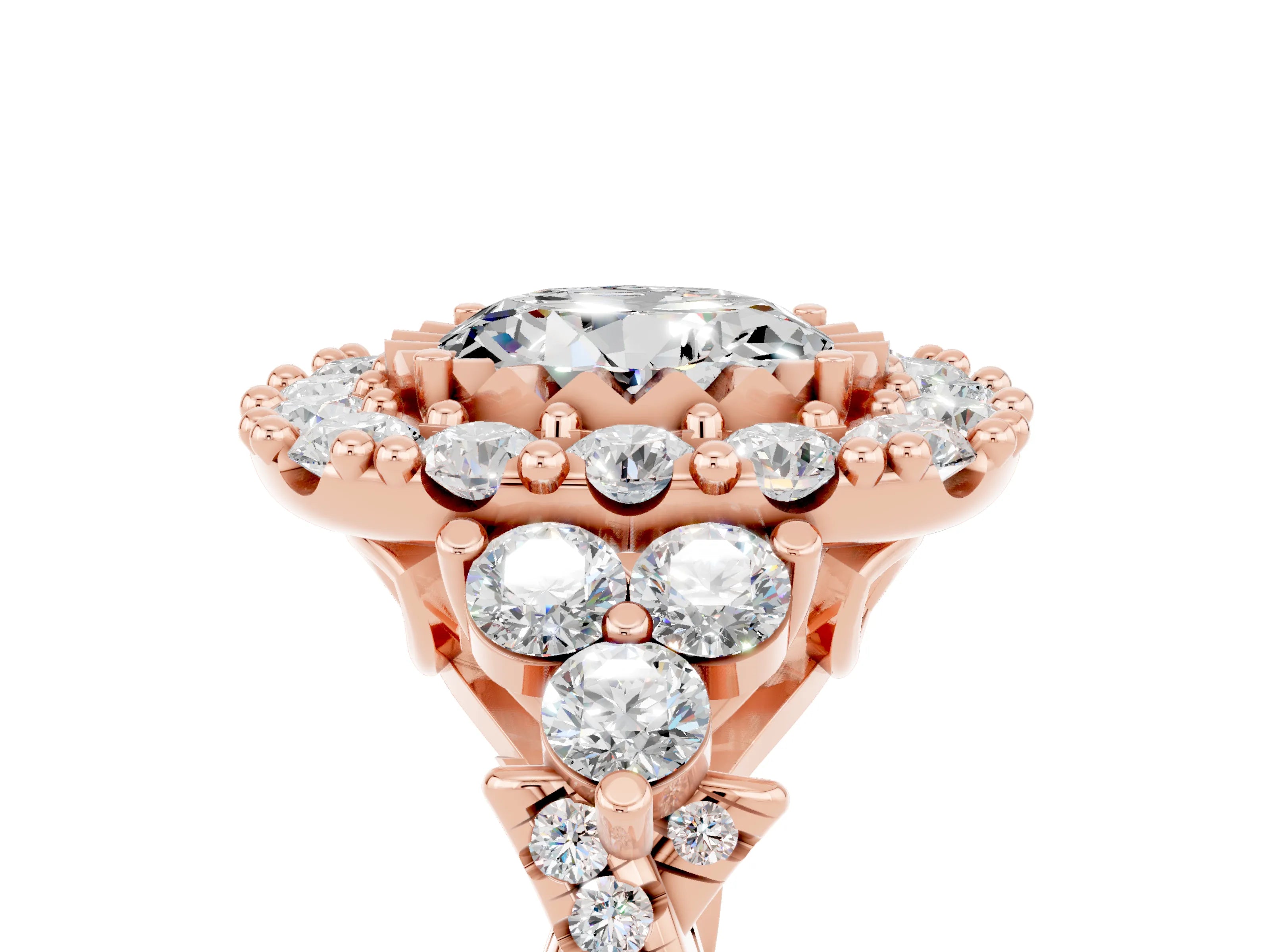 Rose gold Round Cut Moissanite Halo Ring with Pavé Band and Four-Prong Setting_17