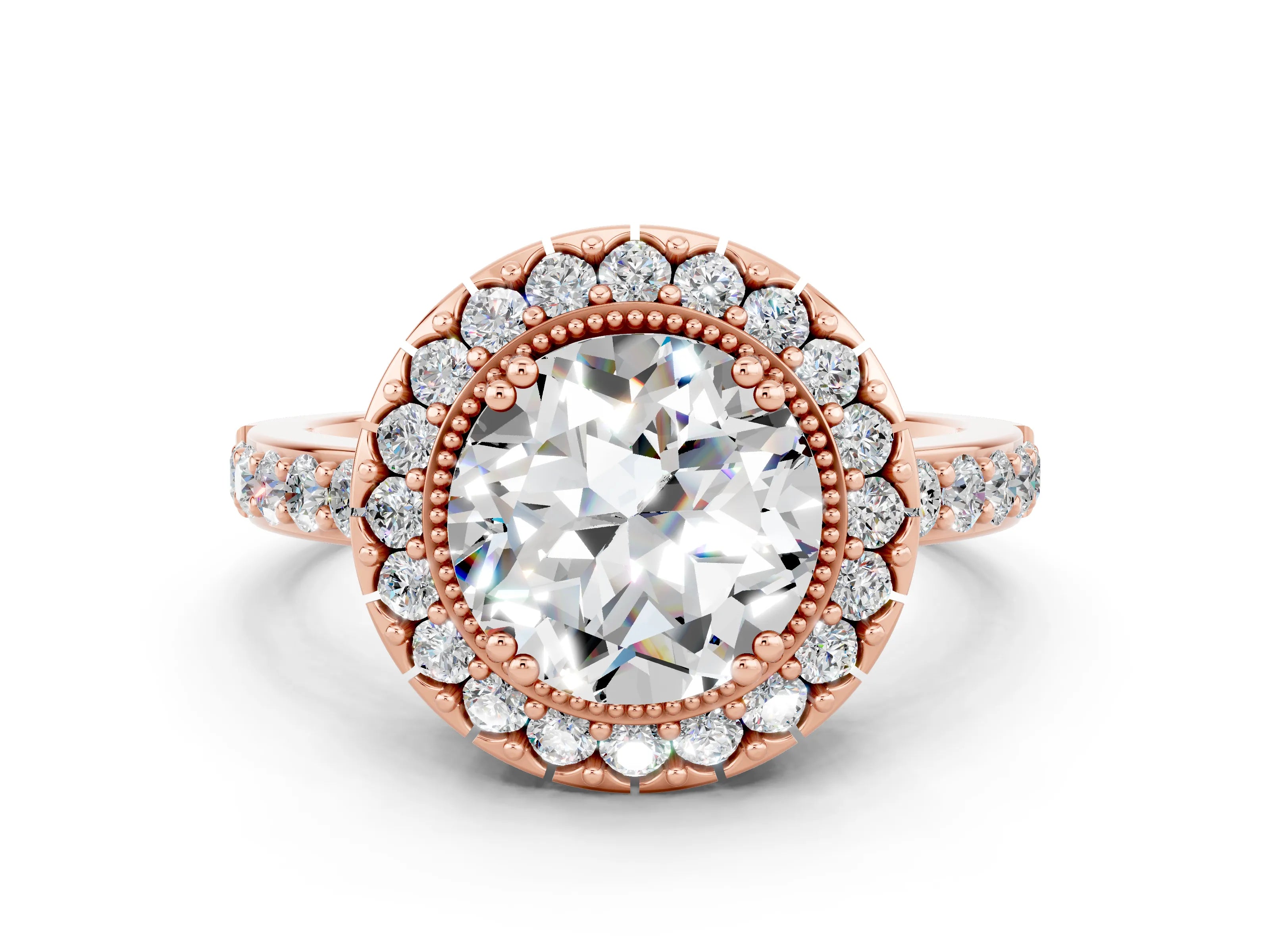 Rose gold Round Cut Moissanite Halo Ring with Pavé Band and Prong Setting