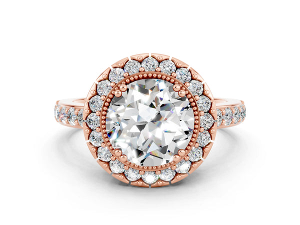 Rose gold Round Cut Moissanite Halo Ring with Pavé Band and Prong Setting